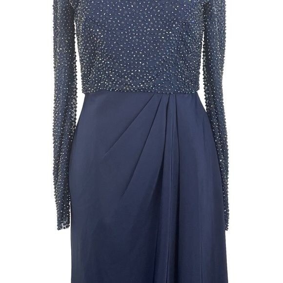 La Femme 24895 Navy Beaded Illusion Long Sleeve Prom Gown NWT Size 6 $420 MSRP - Picture 7 of 16